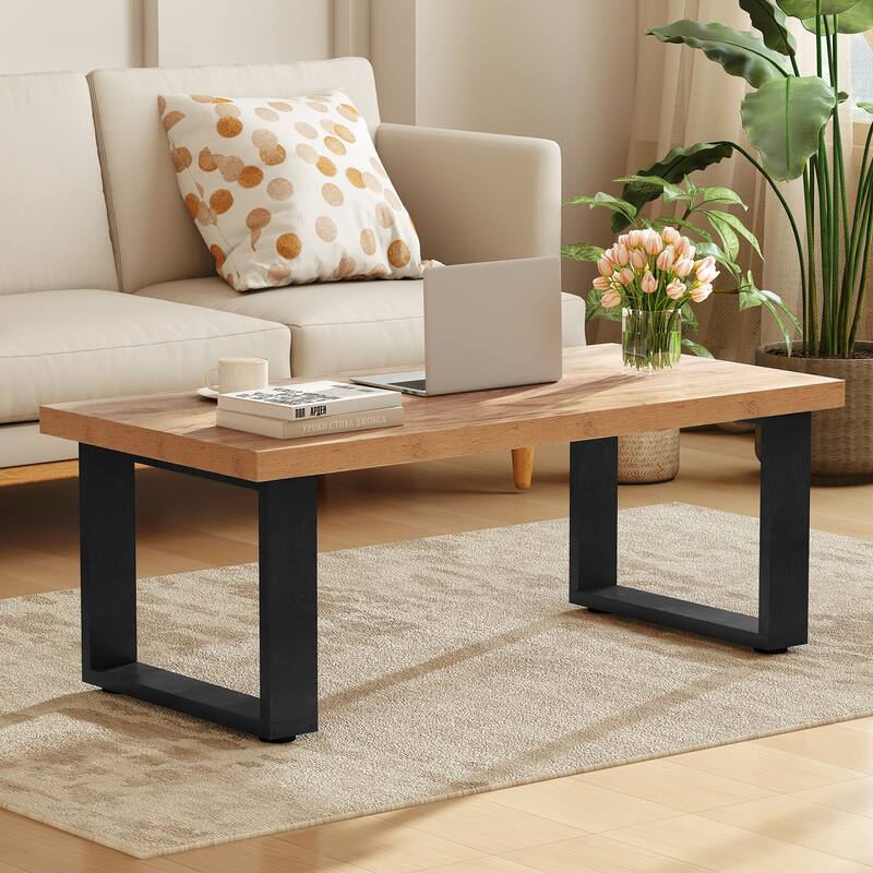 Rustic Modern Coffee Table with Thickened Oak Top and Black Frame Engineered Wood Living Room Center Table 47 x 23