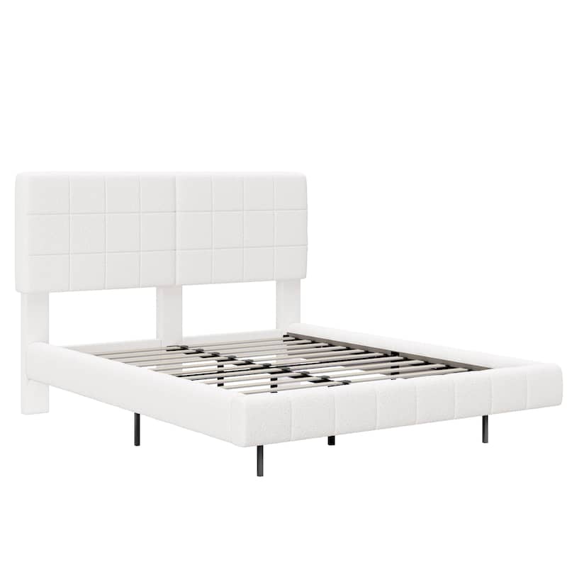 Floating Platform Bed Frame with LED Lights, Headboard, Modern Upholstered Boucle Fabric Bed with Checkerboard Design