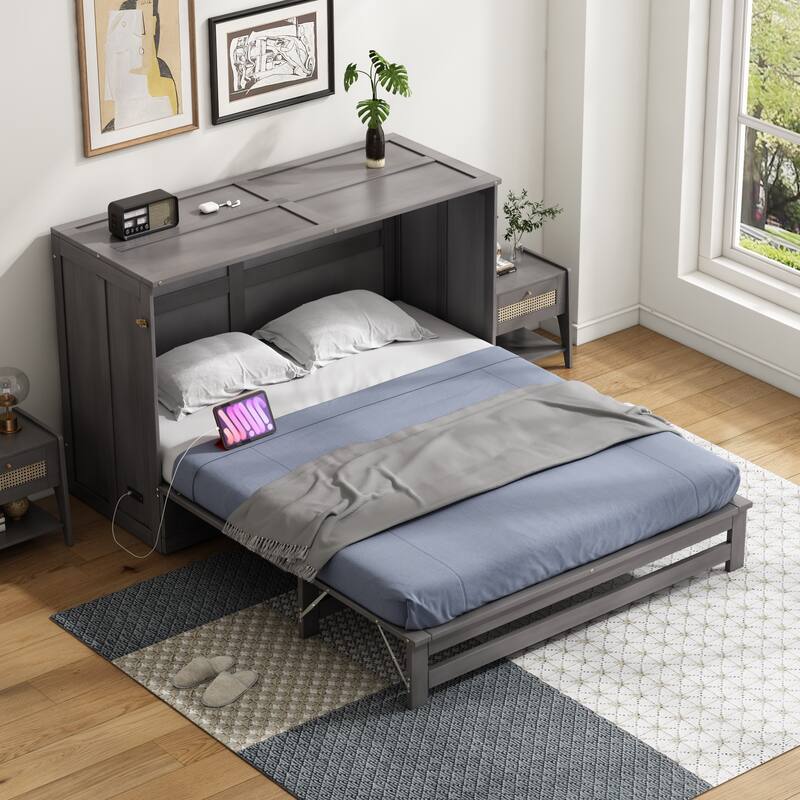 Queen Size Murphy Bed with Built-In Charging Station and Big Storage Drawer, Space-Saving Modern Wall Bed Frame, for Bedroom