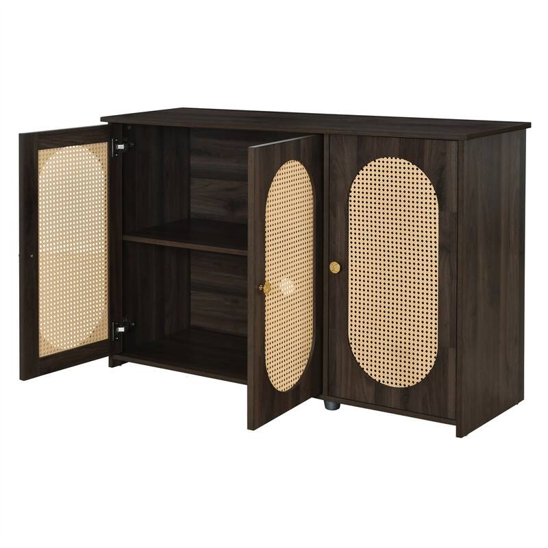 Retro 3-Door Sideboard with PVC Rattan Doors and Metal Handles, Buffet Cabinet Accent Storage Cabinet with Storage Shelves