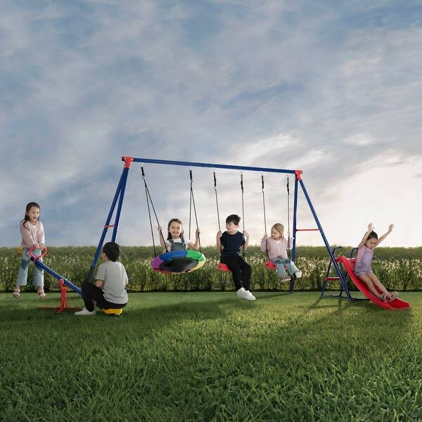 slide 2 of 5, Delta Children FunZone Outdoor Metal 6-Piece Swing Set - 2 Swings, 1 Saucer Swing, Slide and Seesaw/Teeter Totter