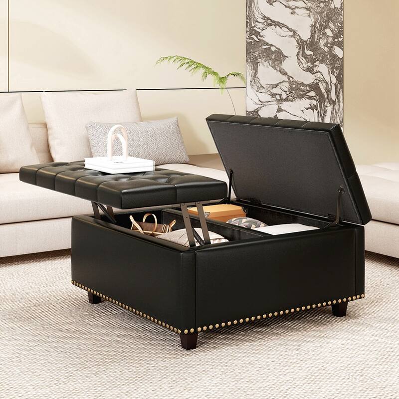 Large Square Storage Stool with two Storage Doors, Footstool for Living Room Studded Mid-century Modern Coffee Table - Black