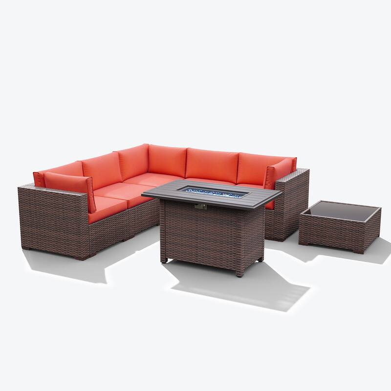 7 Piece Wicker Set Patio Sofa Furniture with Fire Pit And Table