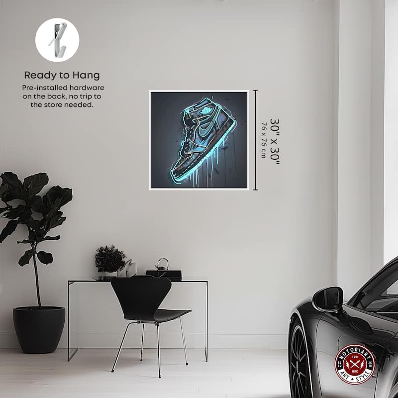 Notoriart Blue Glow Sneaker Framed Sneaker 1 Piece Canvas Wall Art