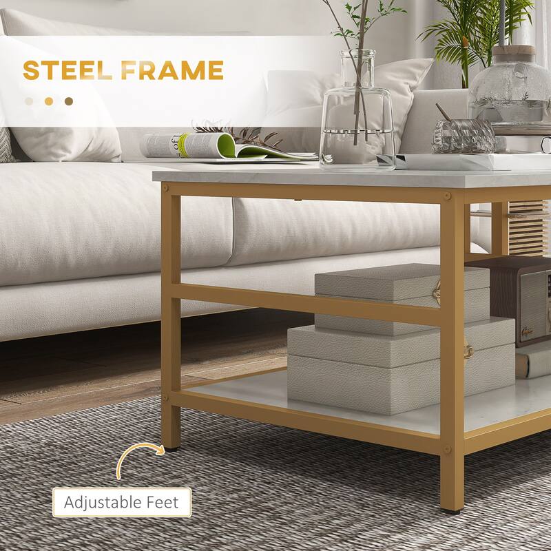 HOMCOM Coffee Tables Set of 2, 2-Rier Rectangle and Round Coffee Table with Storage Shelves, White