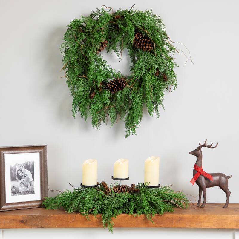Pine Cone and Mixed Foliage Christmas Pillar Candle Holder - 30"