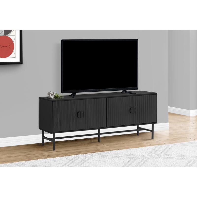 Contemporary 60-Inch TV Console, Black Laminate & Metal Frame, Storage Cabinet with Wire Management for Living Room