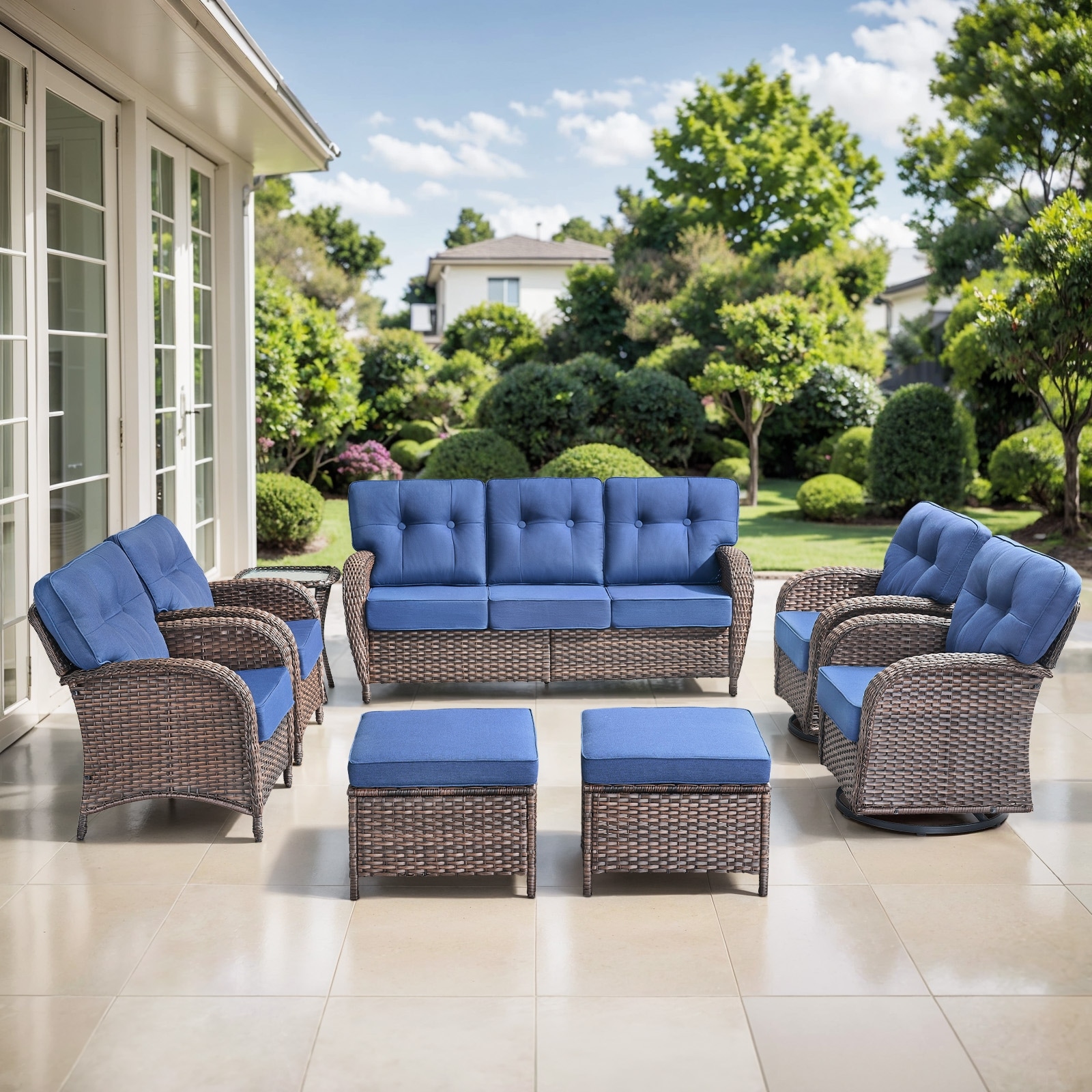 Meyreso 8-Piece Patio Brown Wicker Sofa Conversation Set with 5-Inch Thick Cushions
