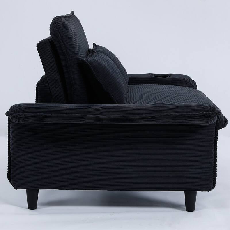 65.74-inch Black Corduroy Multi-functional Adjustable Sofa Bed with Letter Stripes