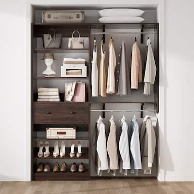 5FT Closet System with 2 Hanging Rods and Wooden Drawer, Walk-in Closet Organizer with 2 Wing Shelve and Adjustable Rack Shelves