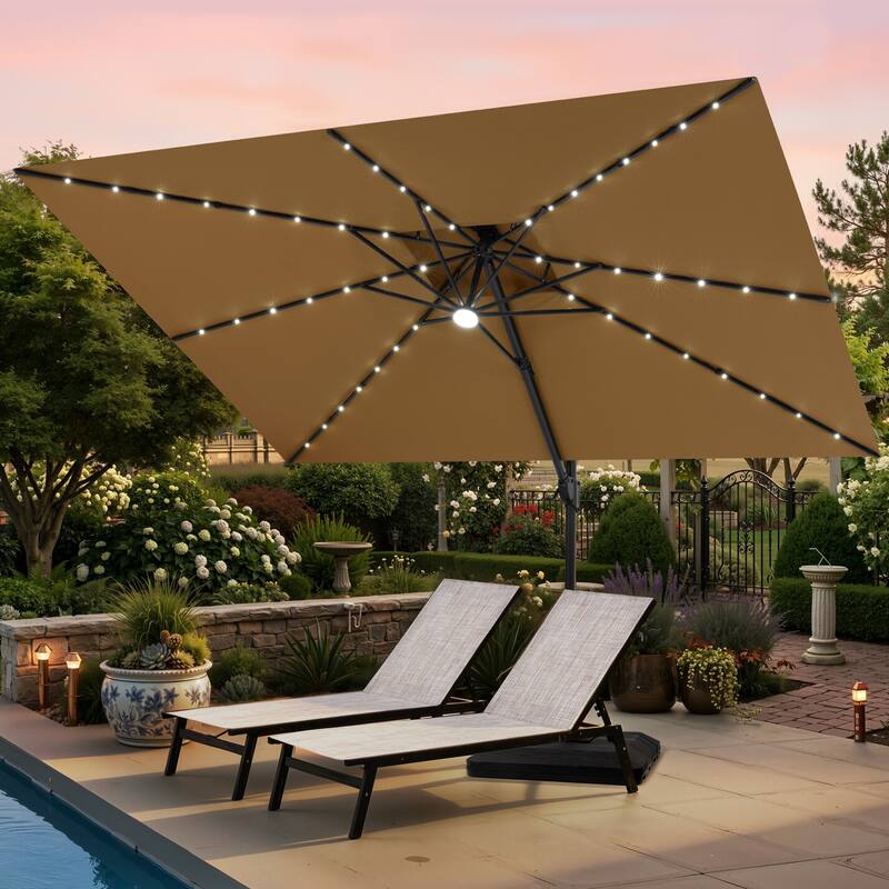 12 x 9 FT Outdoor Patio Cantilever Umbrella with Solar Lights Double Canopy 360 Rotation Tilt with Base - Tan