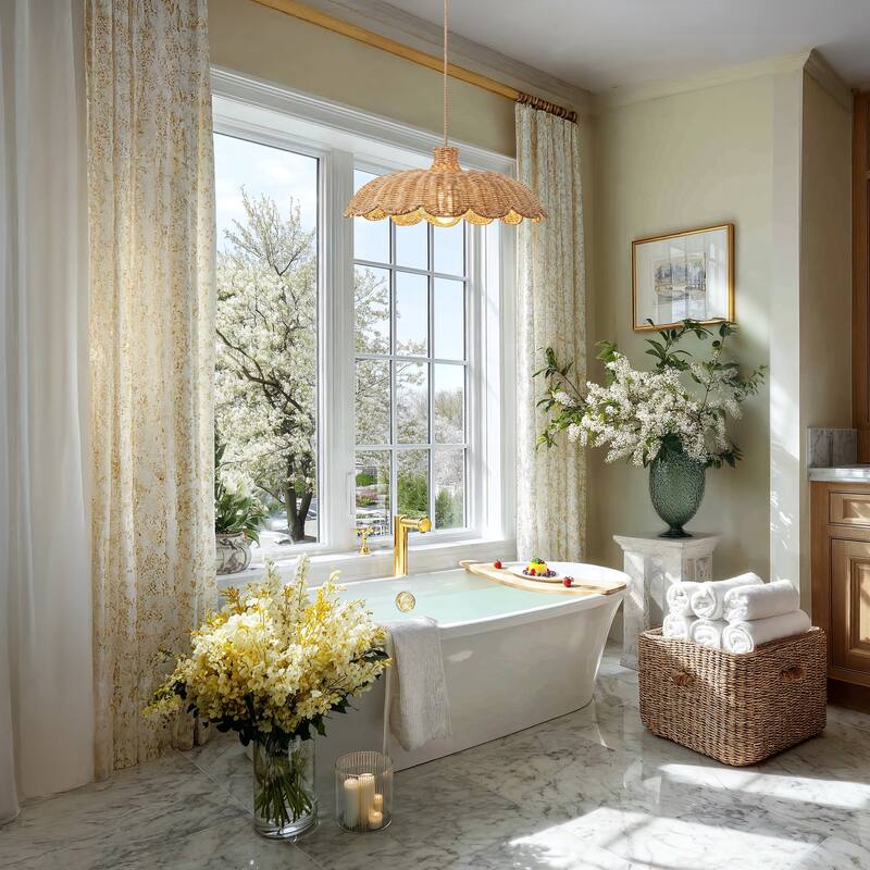 Aurelia Rattan Pendant Light - Natural Hardwired Light Fixture for Kitchen Island or Dining Room in Boho or Coastal Style