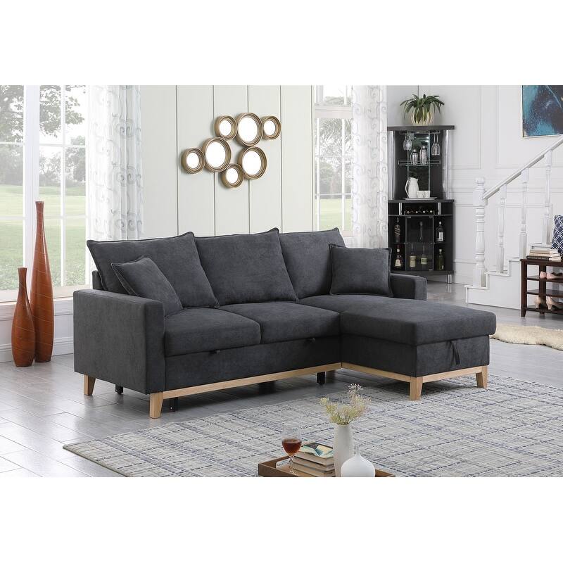 Colton 84.25-inch Dark Gray Woven Reversible Sleeper Sectional Sofa with Storage Chaise - 84.25"W x 57"D x 35"H