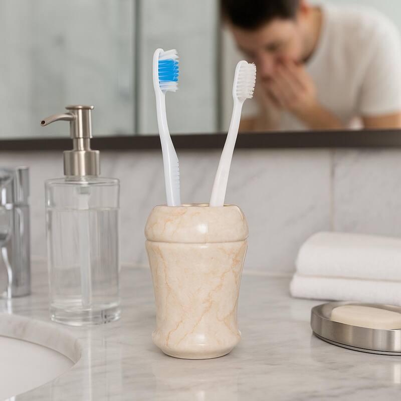 Creative Home Fluted Collection Champagne Marble Toothbrush Holder, Tooth Brush Holder - Beige