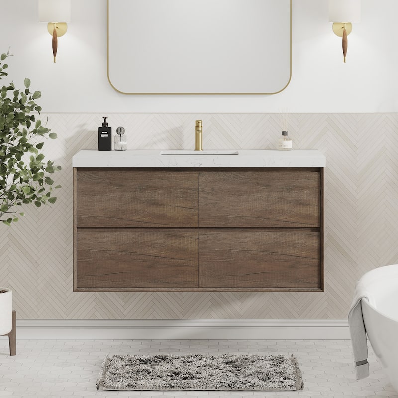 Sylphar 48 inch Bathroom Vanity with Sink, Floating Oak Cabinet with Stone Top - 1 Set Of Antique Oak Vanity