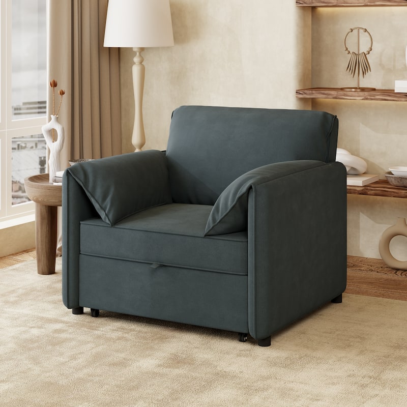 Linen Upholstered 3-in-1 Convertible Sleeper Chairs Bed with Thick Cushions Pull-out Sofa Bed and Pillow Top Arms Chaise Lounges