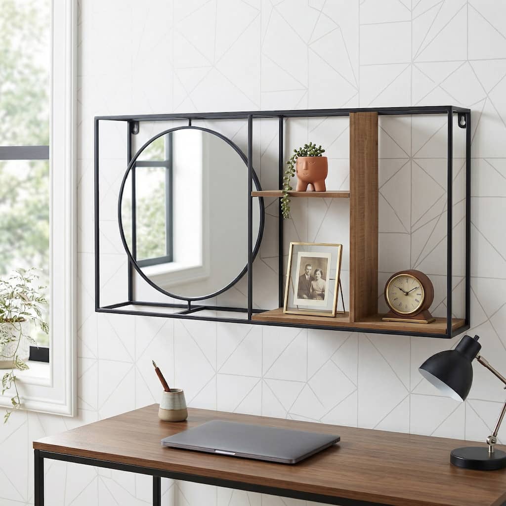 Metal Wood Open Frame Mirror Wall Shelf - Black, 34" - 34.0"
