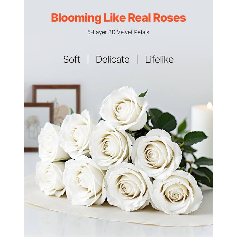 White Velvet Artificial Roses with 60 Stems Flexible Wire and Layered Bloom - 3.9 x 3.9 x 20.1 inch