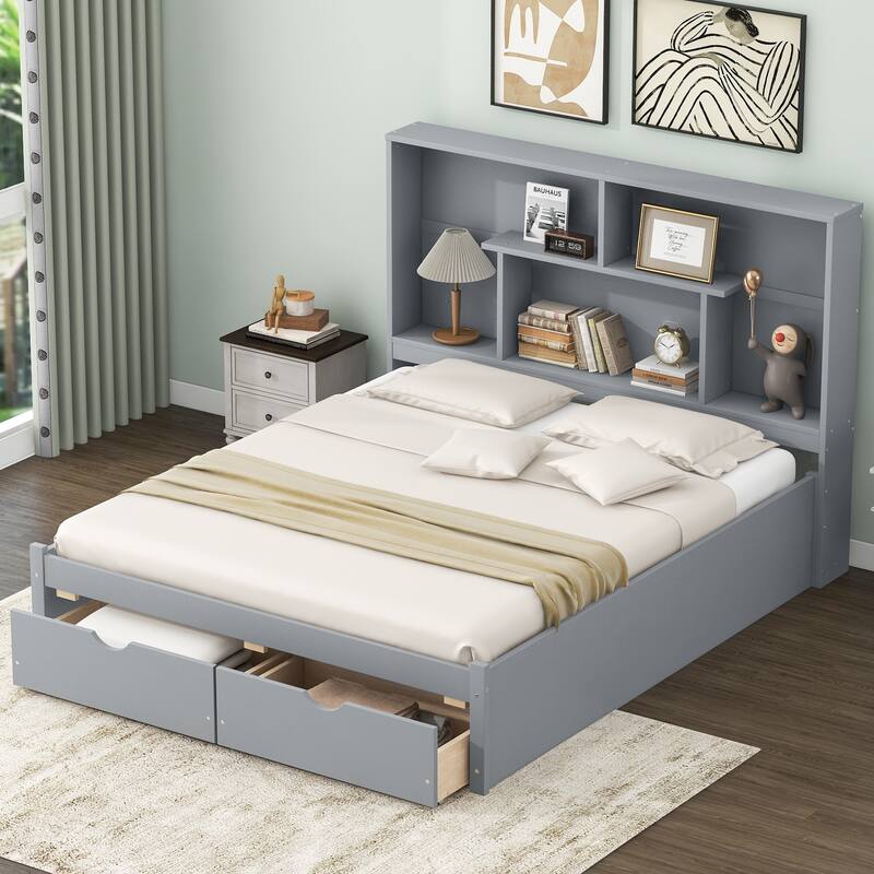 Queen Size Platform Bed with Storage Headboard and 2 Drawers - Grey