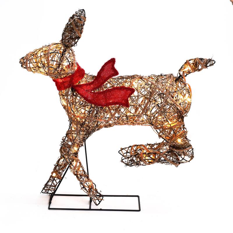 3-Piece Natural and Plastic Rattan Running Reindeer Holiday Decoration Set with Lights - Brown/Red