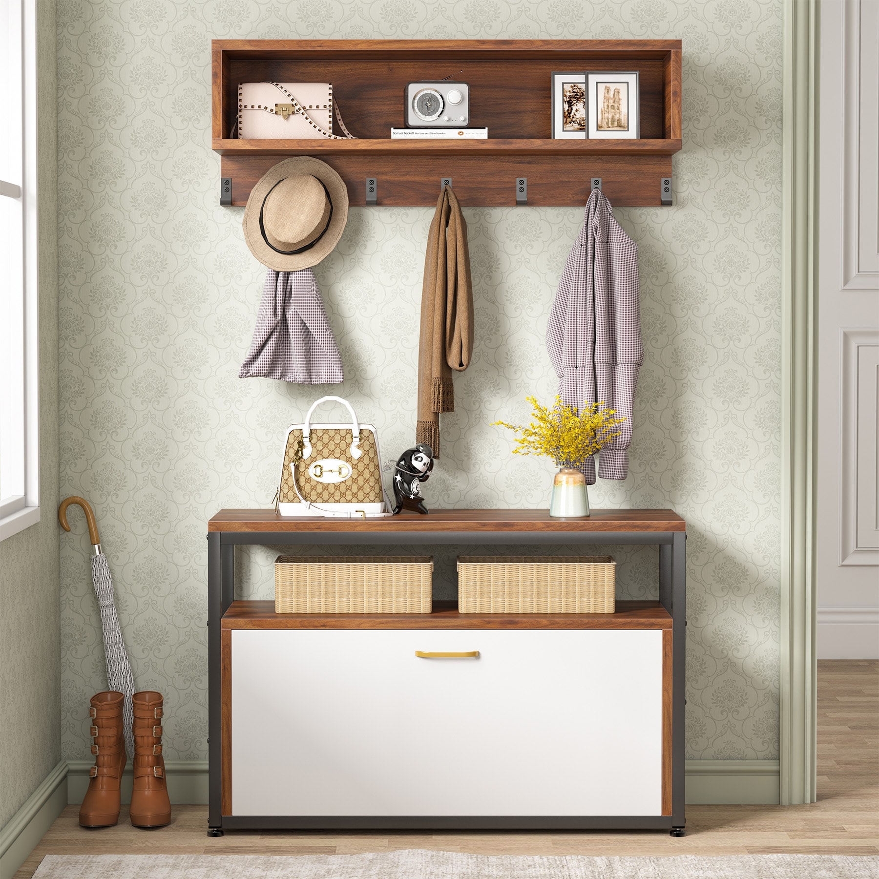 Entryway Coat Rack Shoe Bench Set Industrial Hall Tree Coat Shoe
