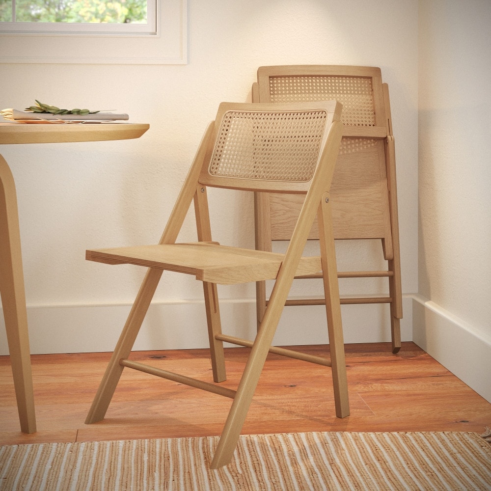 2 Pack Commercial Cane Rattan Folding Chairs - Wood Backs and