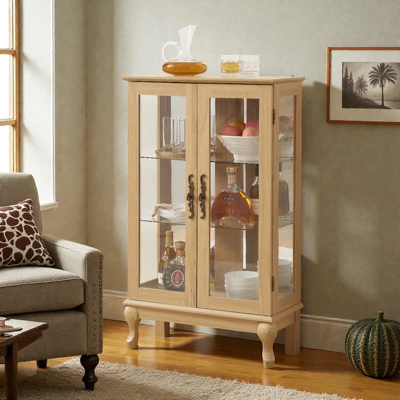 Lighted Curio Cabinet with Tempered Glass Doors, Vintage Display Cabinet with Mirrored Back and Adjustable Shelves