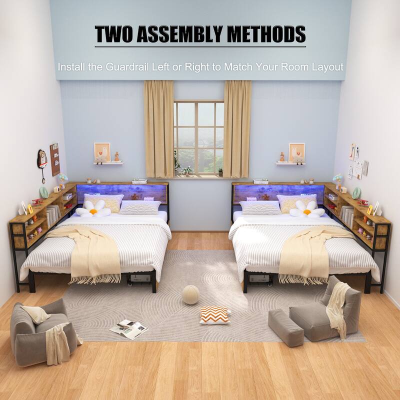 Corner Daybed Kids Platform Bed Frame with Storage Bookcase, Underbed Drawers, Charging Station and LED Lights