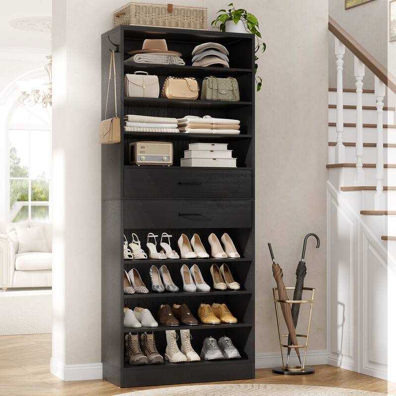 9-Tier Shoe Cabinet with 2 Drawers, Freestanding Closet Organizer with Adjustable Storage Shelves - Black