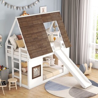 House-shaped Design Twin Size Wood Bunk Bed with Roof, Ladder and Slide, Sturdy Construction and Safety Guaranteed, White+Brown