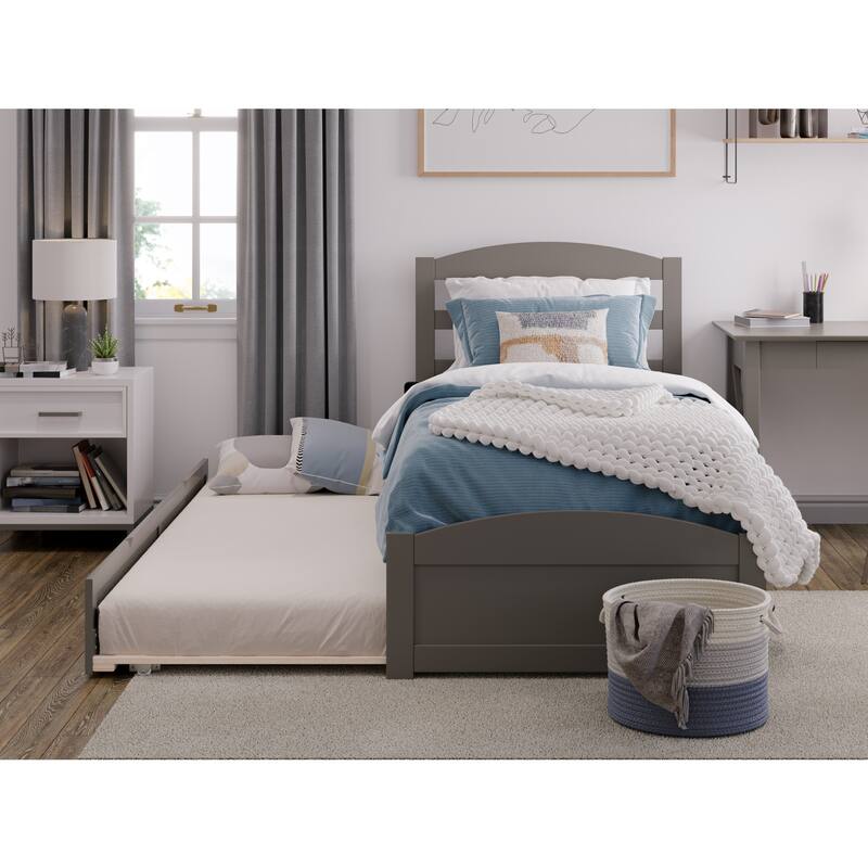 Platform Bed with Trundle & Charging Station - Twin Size Grey - Slat Kit Included