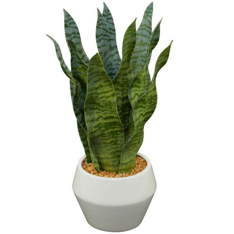 Green Faux Foliage Artificial Plant with Realistic Leaves and White Porcelain Pot and Gold Stand