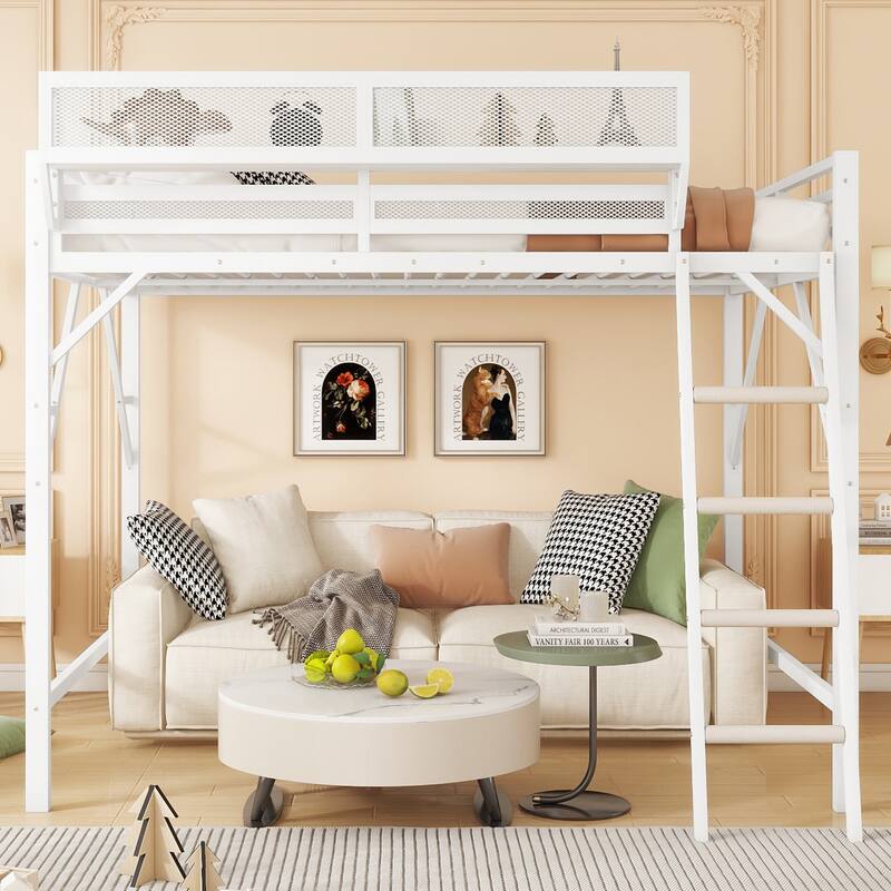 Full Size Metal Loft Bed with Ladder and Storage Shelves, High Loft Bed for Kids and Teens, White
