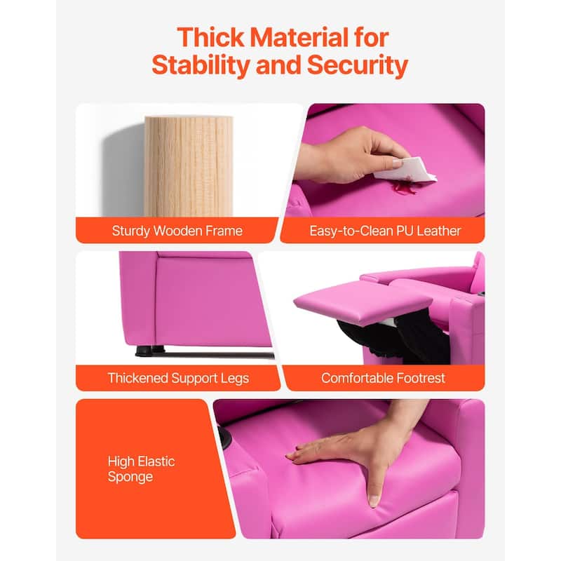 Kids Recliner Chair with Adjustable Backrest, Cup Holders and Leather Surface - 22.4 x 20.3 x 25.8 in