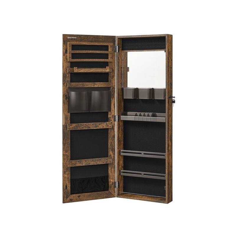 White Wooden Lockable Jewelry Cabinet Armoire with Mirror - 14.8”L x 3.8”W x 42.5”H - Rustic Brown