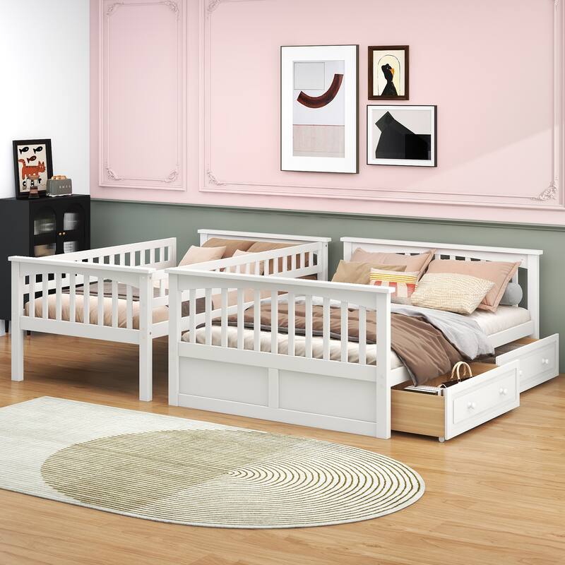 Wooden Storage Bunk Bed Frame with Fence-shaped Guardrails and Pull-out Drawers, Convertible 2 Platform Beds, Detachable Design