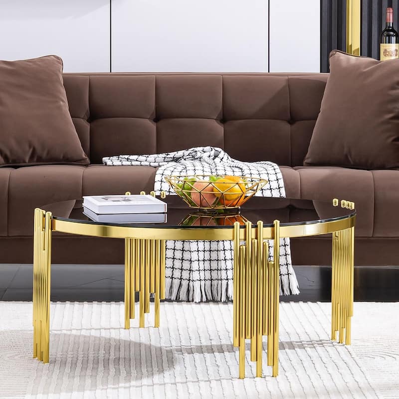Modern 36" Round Coffee Table with Tempered Glass Top and Polished Chime-Shaped Legs