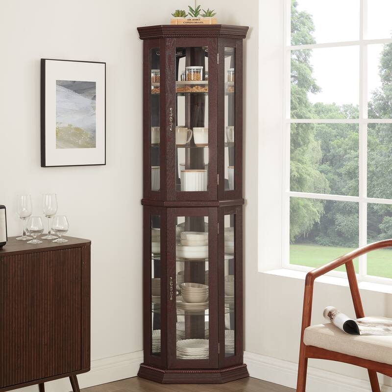 Lighted Corner Curio Cabinet, Floor Standing Glass Display Cabinet, China Cabinet with Tempered Glass Doors & Adjustable Shelve