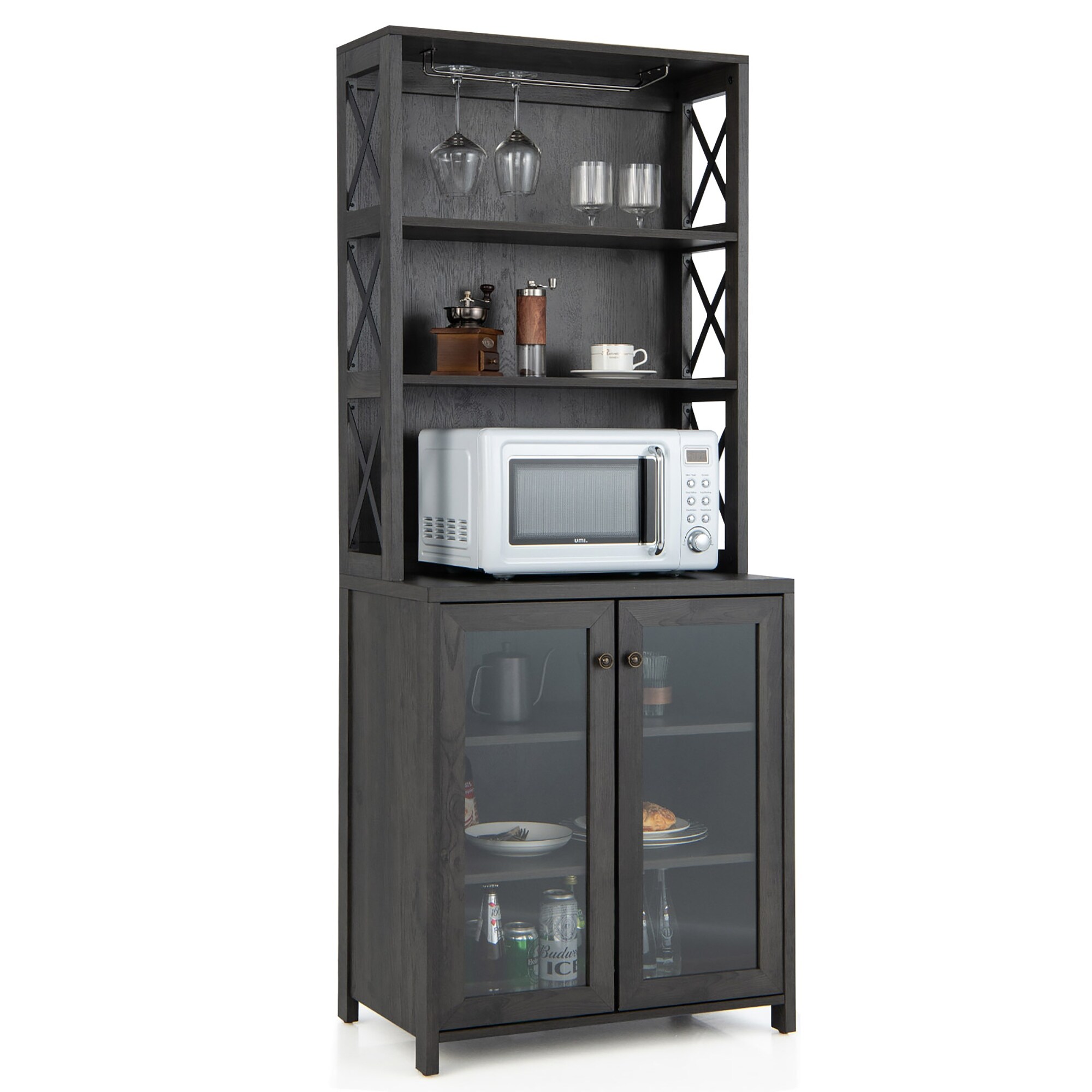 Tall Bar Cabinet Kitchen Buffet w Glass Holder Adjustable Shelf Grey