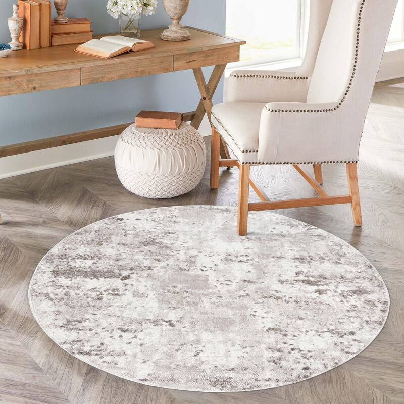 Transitional Cledo Collection Area Rug - 3' Round - Gray-Ivory