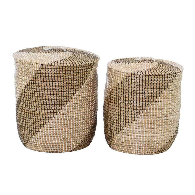 Brown Seagrass Handmade Two Toned Decorative and Functional Storage Basket with Matching Lids (Set of 2)