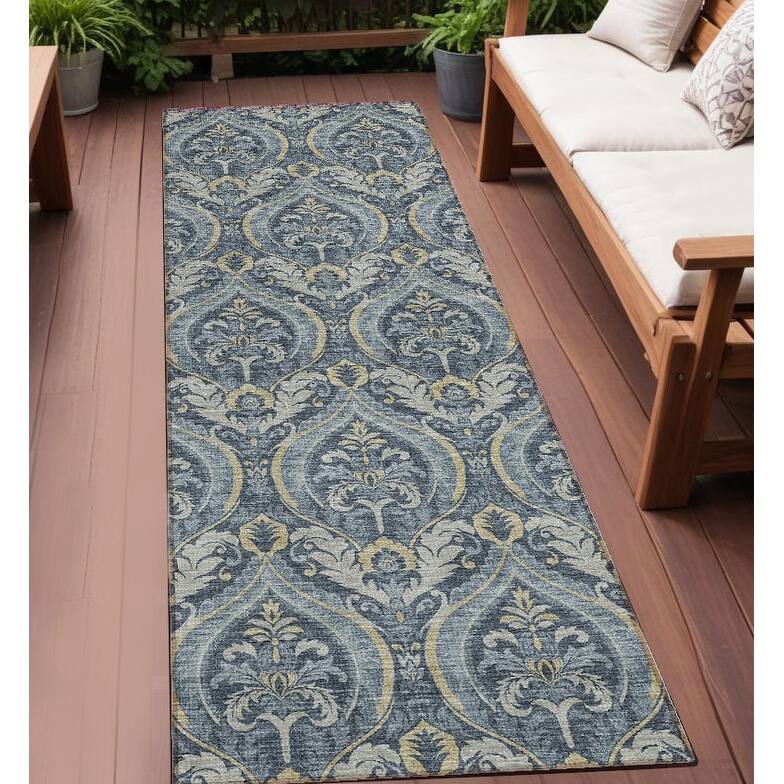 Rami Graceful Floral Weather Resistant Classic Meets Modern Outdoor Rug - 8' Runner - Blue/Cream