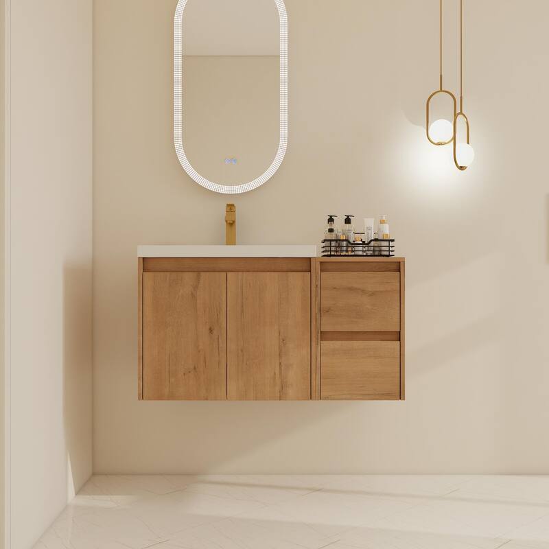 BNK 24''/36''/72'' Bathroom Vanity With Sink, Floating Bathroom Vanity with Soft Close Doors and Shelf - 35.44''W×18.13''D×20.5''H - Imitative Oak