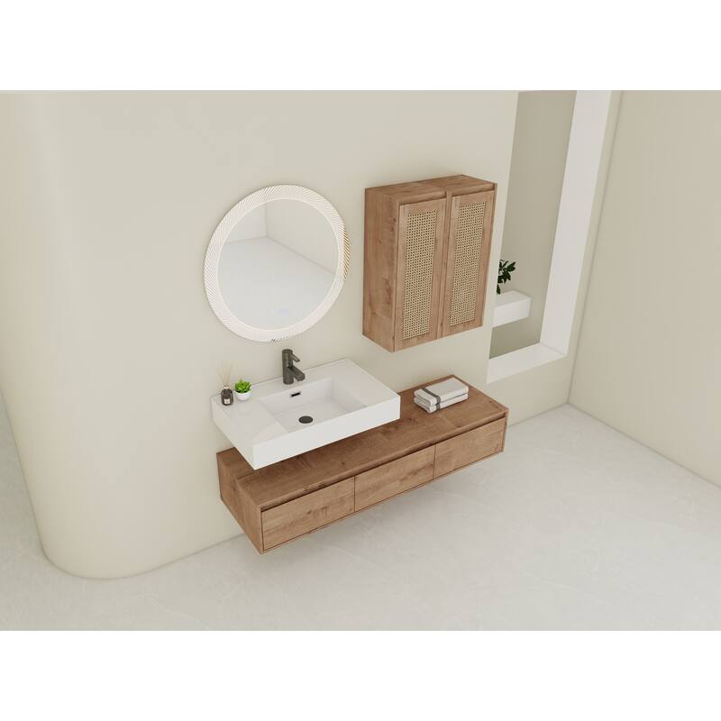 60 inch Wall-Mounted Bathroom Vanity with Resin Sink and 2-Side Cabinet, 3-Soft Close Drawer, Float Mounting Design