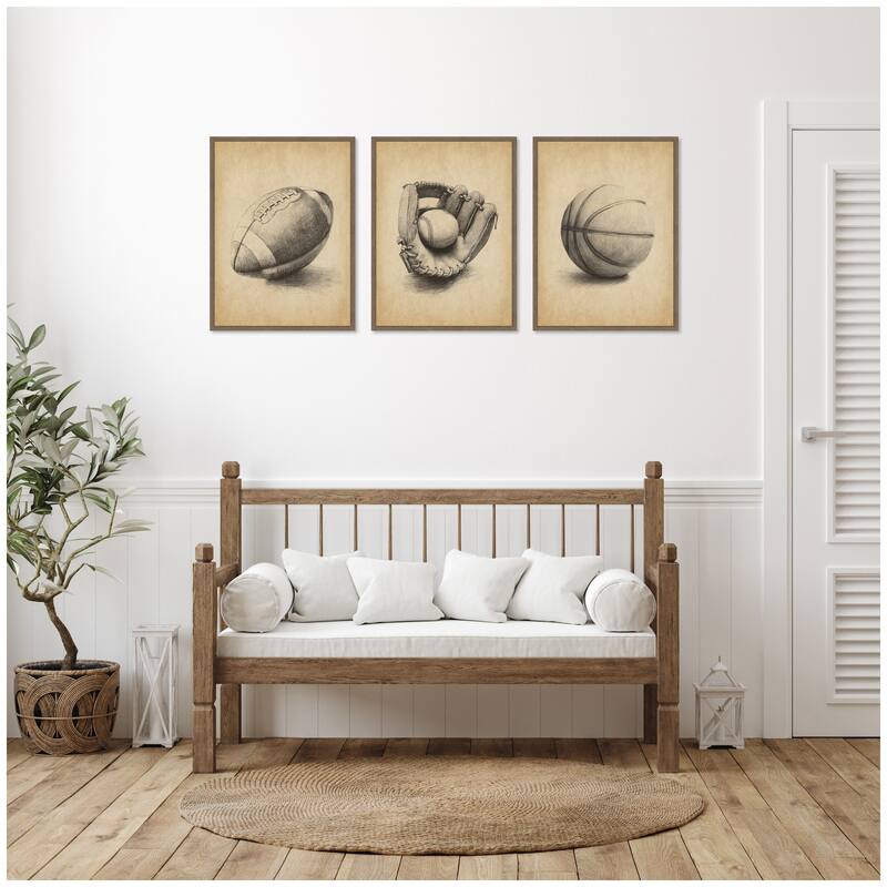 Kate and Laurel Walnut Antique Football 3 Piece Framed Canvas Wall Art Set by The Creative Bunch Studio