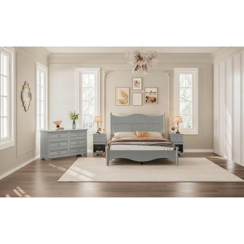 Queen Size Elegant Wood Platform Bed Frame, Retro Style, No Box Spring Needed, Sturdy Wooden Slat Support, Bedroom Furniture