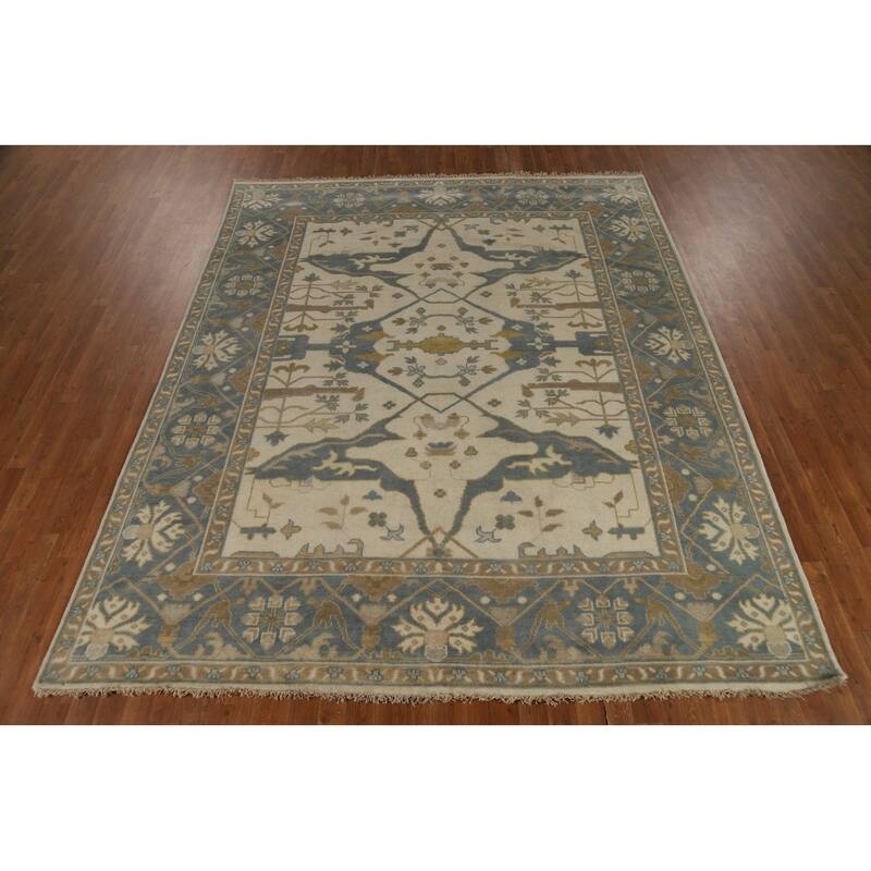 Ivory Oushak Indian Area Rug Handmade Wool Carpet - 8'1"x 9'10"