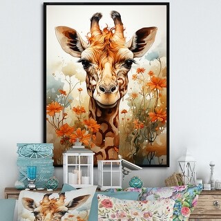 Designart "Cute Giraffe In Flowers Field" Animals Giraffe Framed Wall ...