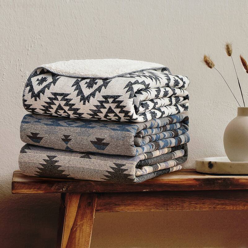 Paseo Road Southwest Aztec Design Throw with Sherpa Backing, 50" x 60"