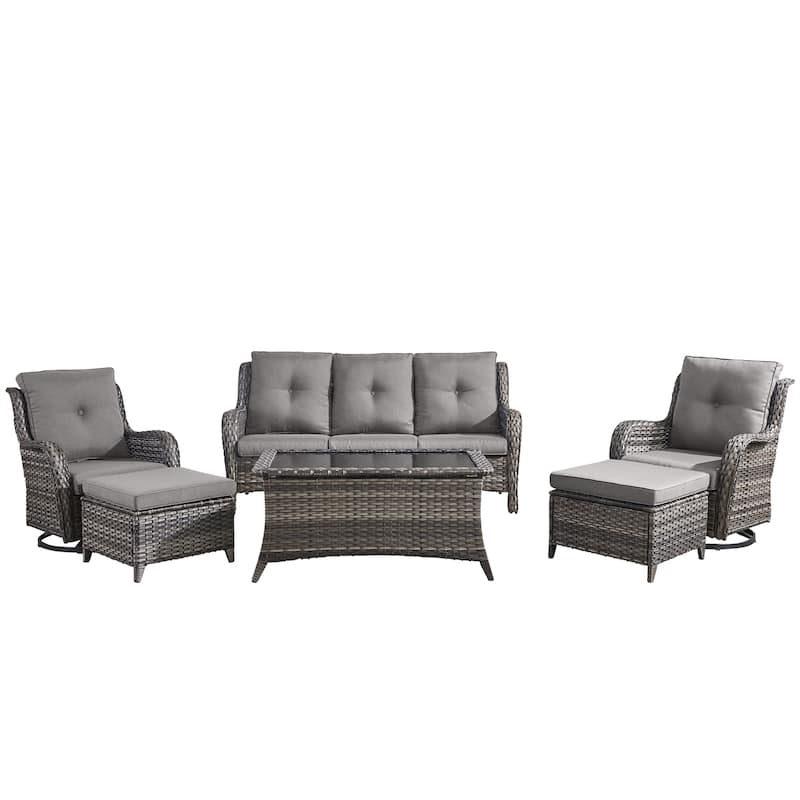 Pocassy Outdoor 6 Pieces 3-Seat Sofa Swivel Chairs Table Ottoman
